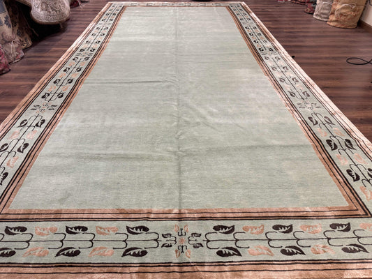 Palace Size Nepali Rug 9x18, Open Field, Light Mint Green, Wool Hand Knotted, Modern Contemporary - Nuvé
