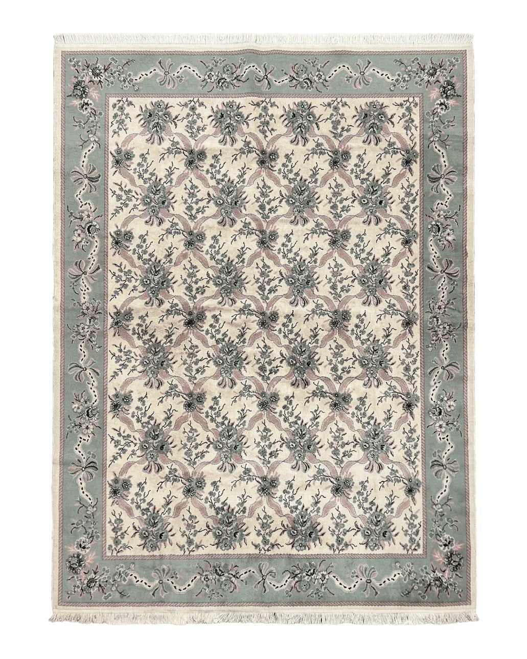 Belgium Power Loomed Rug 8x11, Ivory and Green, Wool Carpet, Floral