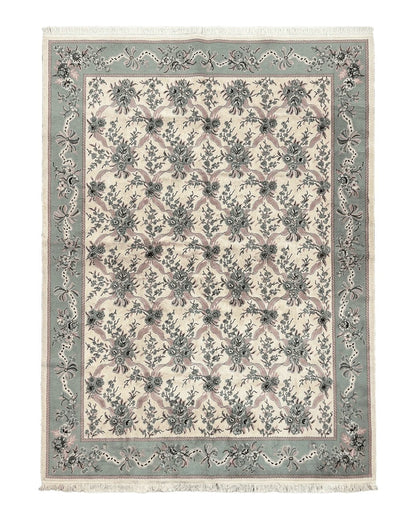 Belgium Power Loomed Rug 8x11, Ivory and Green, Wool Carpet, Floral