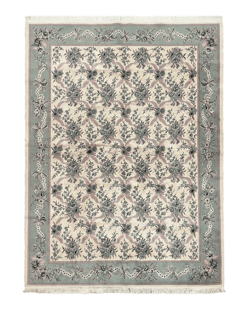 Belgium Power Loomed Rug 8x11, Ivory and Green, Wool Carpet, Floral