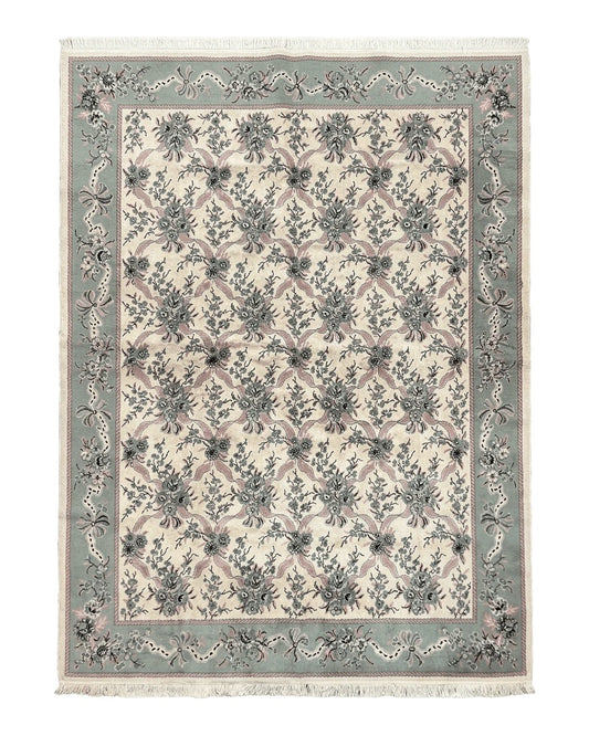 Belgium Power Loomed Rug 8x11, Ivory and Green, Wool Carpet, Floral