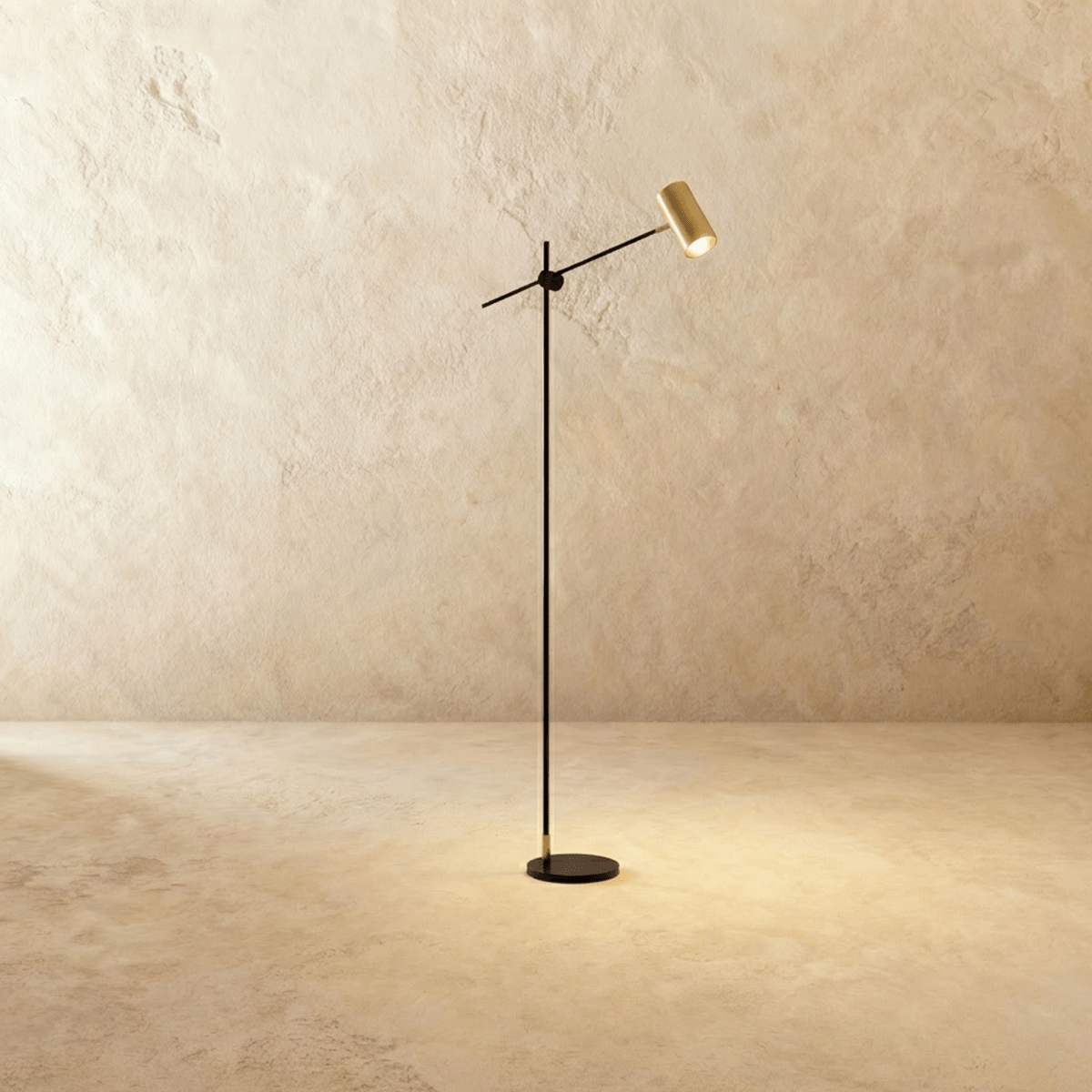 Bellis Floor Lamp by Residence Supply featuring a sleek modern design with a tall, curved metal stand and a round fabric lampshade.