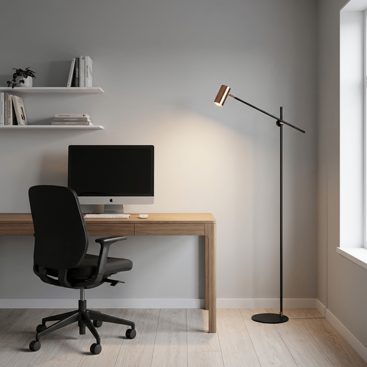 Residence Supply Bellis Floor Lamp with sleek modern design and tall standing metal base, ideal for living room or office lighting.