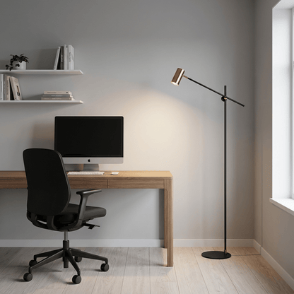 Residence Supply Bellis Floor Lamp with sleek modern design and tall standing metal base, ideal for living room or office lighting.