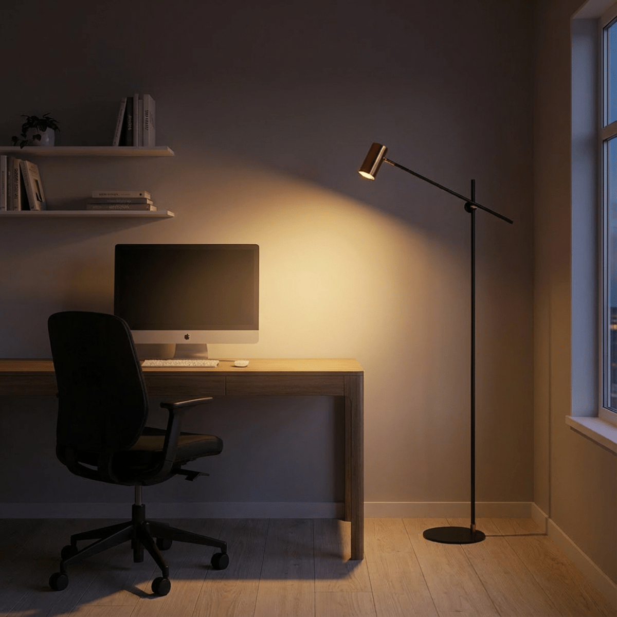 Bellis Floor Lamp by Residence Supply with a sleek modern design and a tall, curved metal stand featuring a fabric shade.