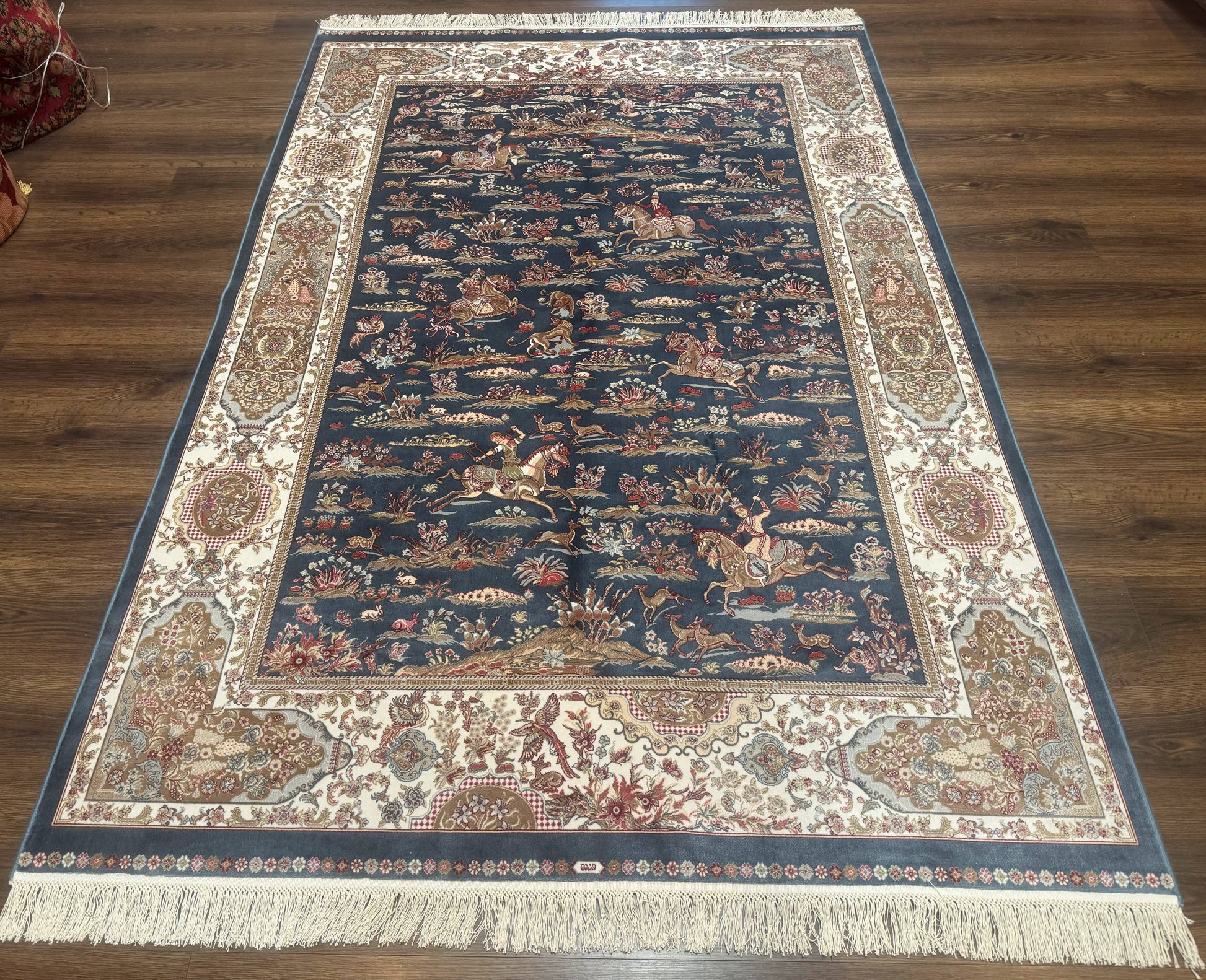Turkish Silk Rug 5x8, Hunting Design, Animal Pictorials, Steel Blue & Ivory, Bamboo Silk - Nuvé