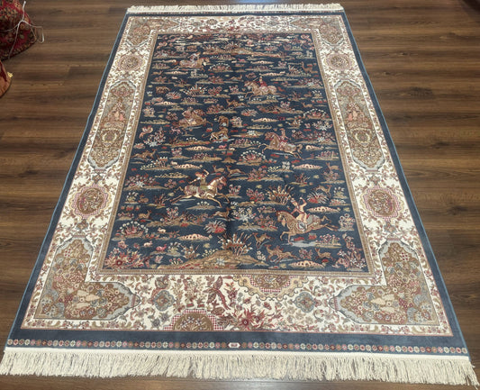 Turkish Silk Rug 5x8, Hunting Design, Animal Pictorials, Steel Blue & Ivory, Bamboo Silk - Nuvé