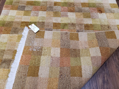 4x6 Tibetan Rug, Modern Abstract Handmade Area Rug, Checkerboard Pattern, Neutral Ivory Gold Tan Colors, Soft Pile, Mid Sized Rug, Nepali - Nuvé
