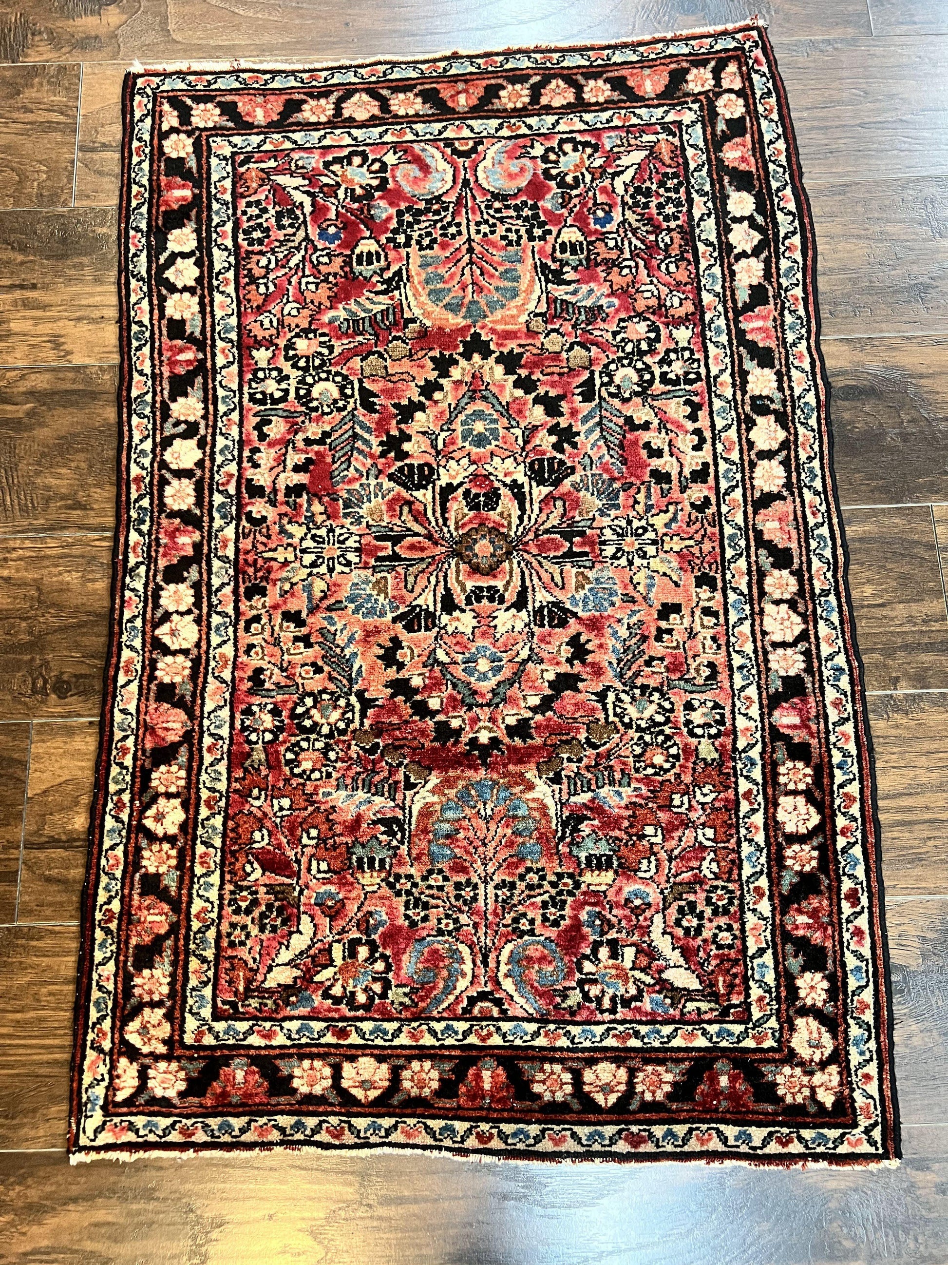 Small Antique Persian Rug 2.6 x 4, Red Floral Handmade 1920s Wool Rug, Persian Hamadan Lilian Rug - Nuvé