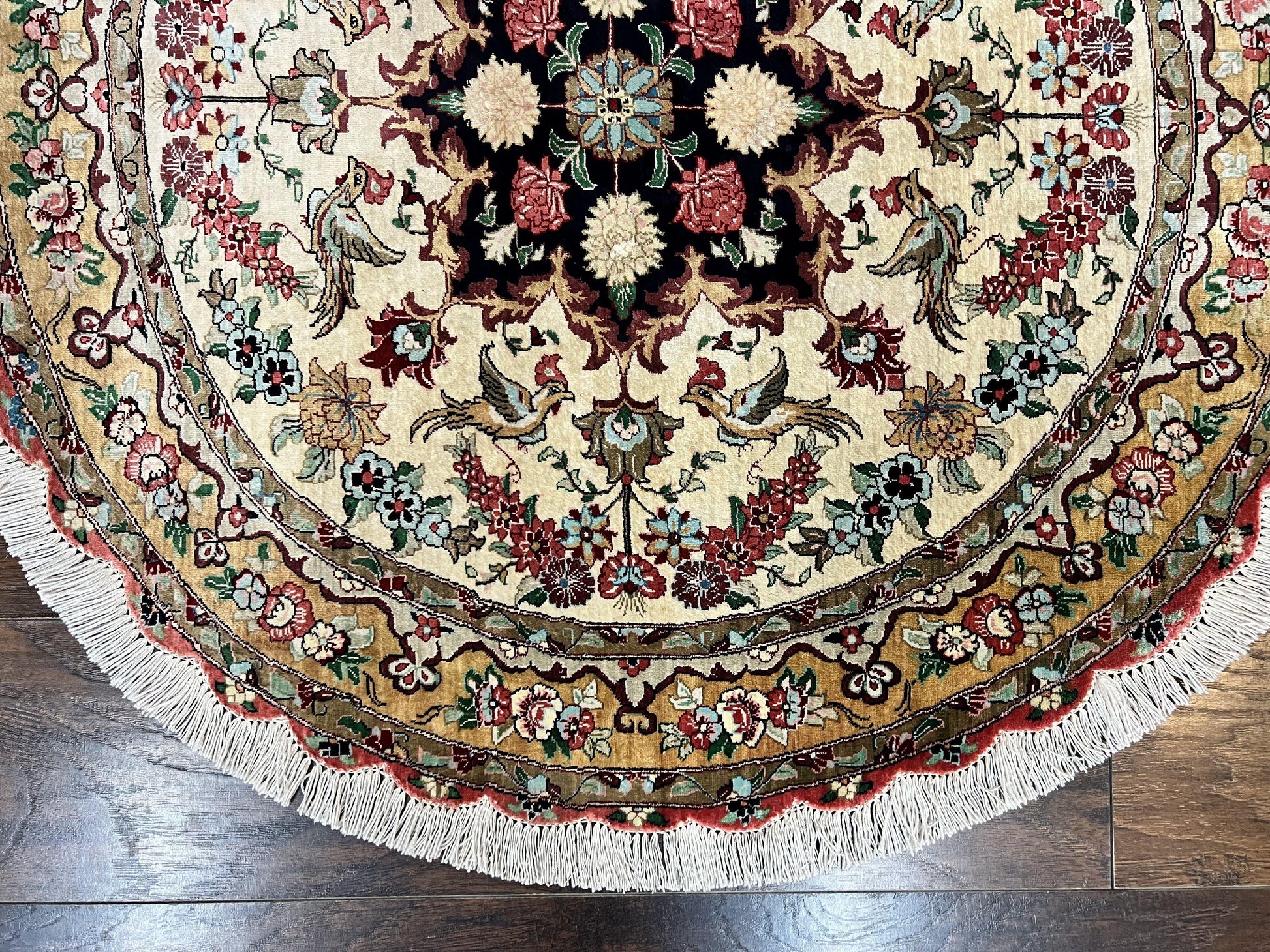Silk Persian Tabriz Round Rug 3x3 ft, Very Fine Hand Knotted Carpet 380 KPSI, Cream & Gold, Bird Pictorials, Floral, Rare - Nuvé