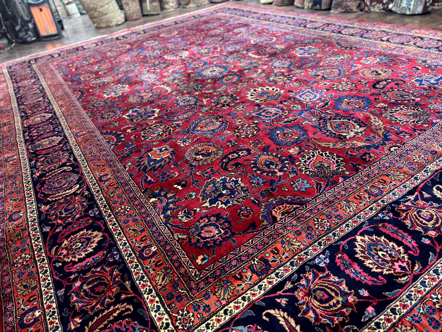Palace Size Persian Mashad Rug 12x16, Raspberry and Navy Blue, Signature from Master Weaver, Antique Handmade Large Wool Carpet - Nuvé