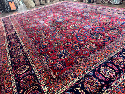 Palace Size Persian Mashad Rug 12x16, Raspberry and Navy Blue, Signature from Master Weaver, Antique Handmade Large Wool Carpet - Nuvé