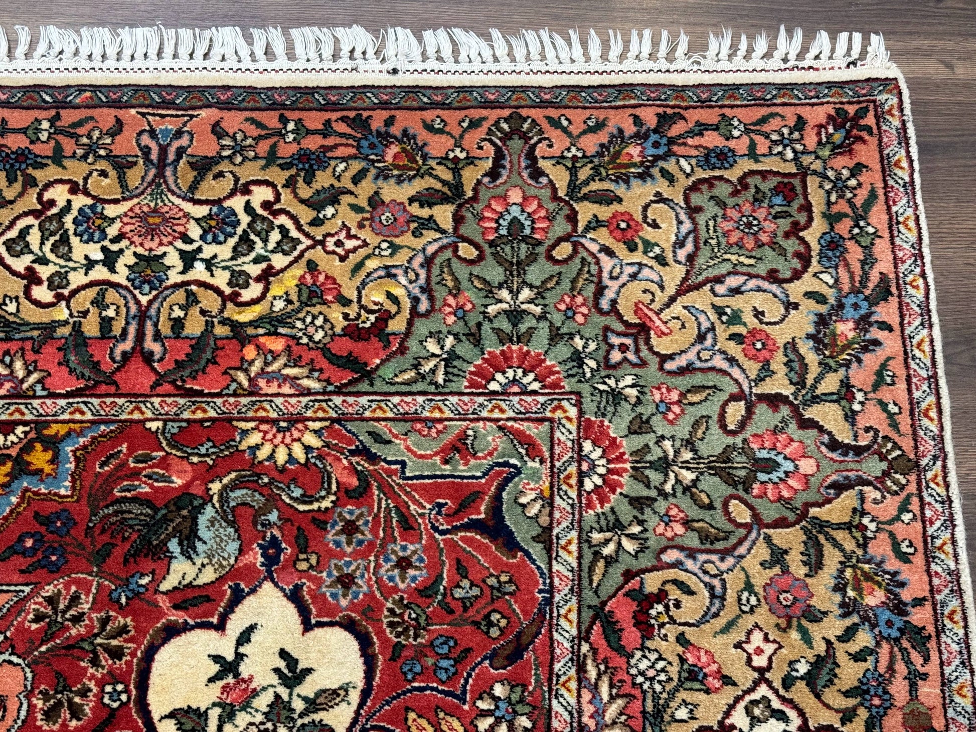 Antique Tabriz Persian Rug 7x10, Red Cream Tan, Unique Design, Fine 270 KPSI, Birds, Floral - Nuvé