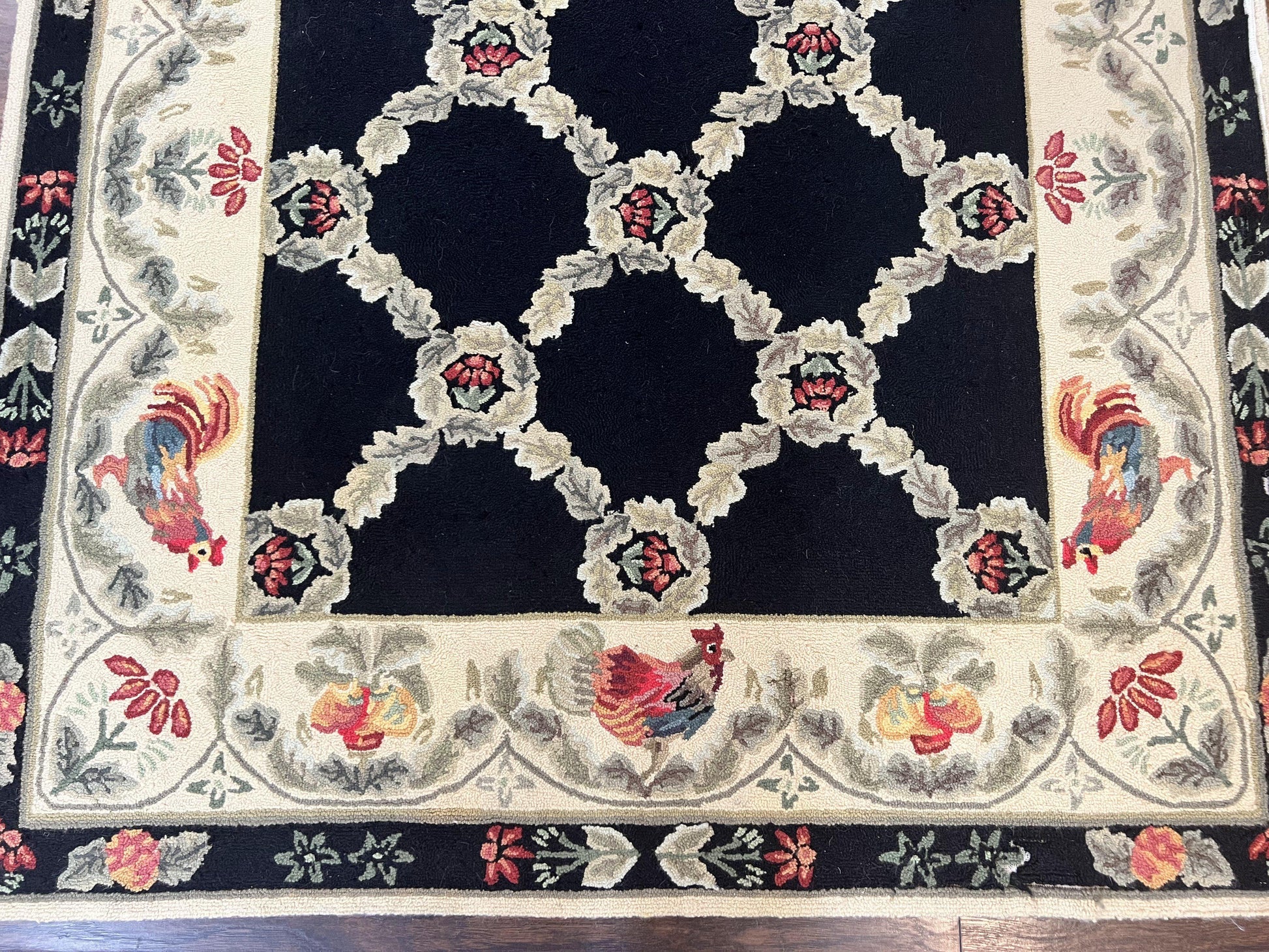 Hooked Rug 5x8, European Aubusson Pattern, Black and Ivory, Roses & Roosters, Vintage Wool Rug - Nuvé