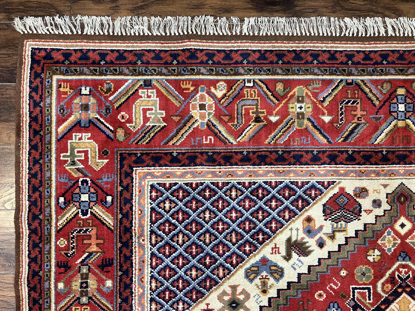 Belgium Power Loomed Rug 8x12, Geometric Medallions Persian Tribal Pattern, Vintage Wool Carpet, Ivory Red Blue - Nuvé