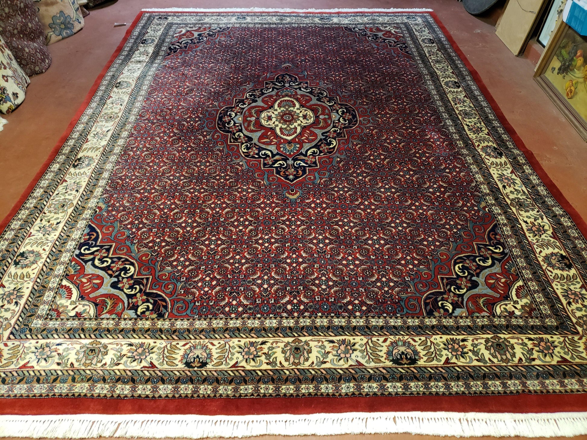 Indian Rug 9x12 Red Indo Bidjar Rug 9x12 Vintage Rug Allover Pattern Medallion Rug Wool Rug Nice Persian Design - Nuvé