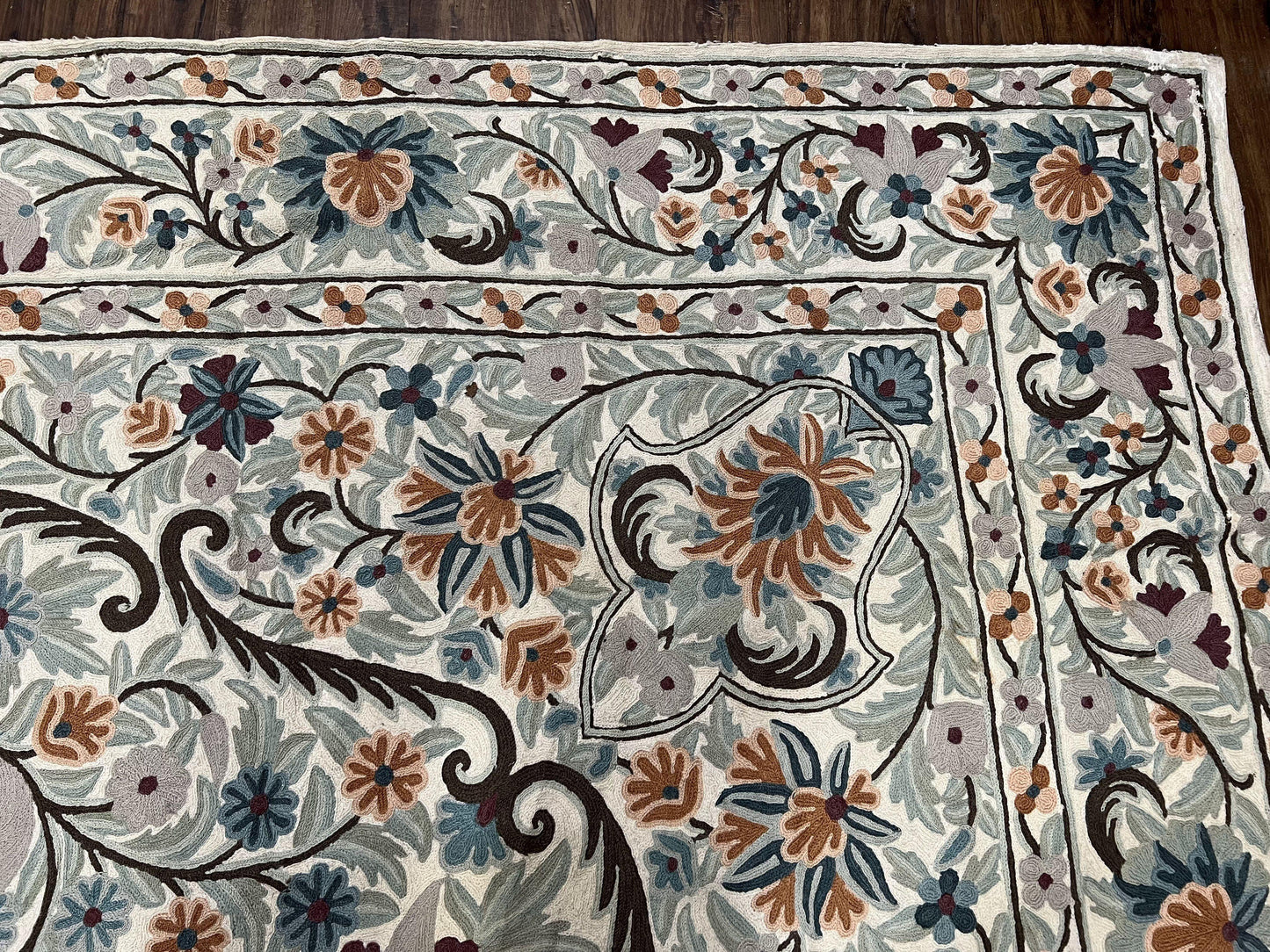 Chain Stitched Rug 9x12 Vintage Carpet 9 x 12 Flatweave Rug, Ivory Teal Rug, Area Rug 9 by 12, Hand Stitched Rug, Medallion, Indian Rug - Nuvé
