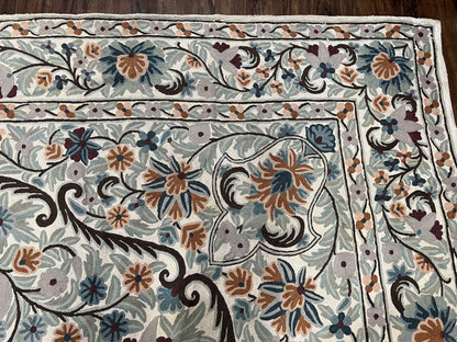 Chain Stitched Rug 9x12 Vintage Carpet 9 x 12 Flatweave Rug, Ivory Teal Rug, Area Rug 9 by 12, Hand Stitched Rug, Medallion, Indian Rug - Nuvé