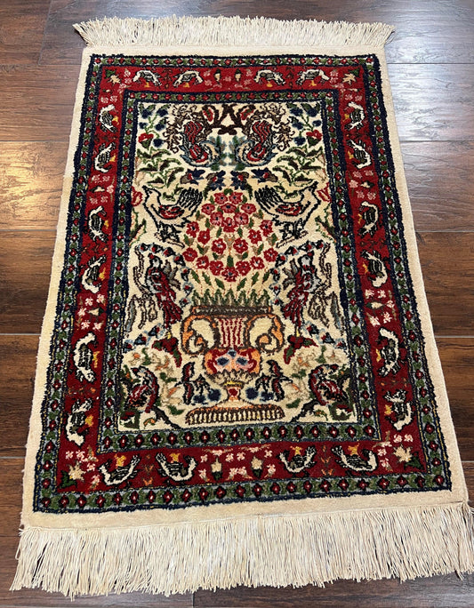 Small Indo Persian Rug 2x3 ft, Wool with Silk Highlights, Animal Pictorial Motifs Birds Vase Flowers, Cream and Maroon, Hand Knotted Fine - Nuvé