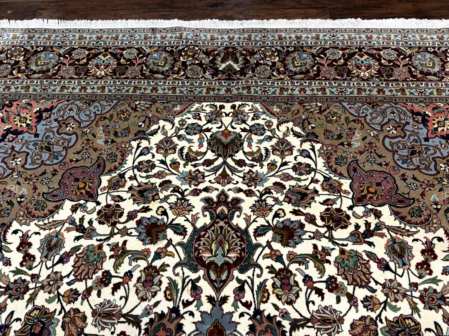 Persian Tabriz Rug 8x11, Floral Medallion Traditional Area Rug, Fine 300 KPSI, Ivory Maroon - Nuvé