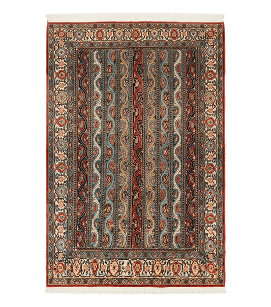 Persian Qum Rug 4x7, Striped Paisley Boteh Design
