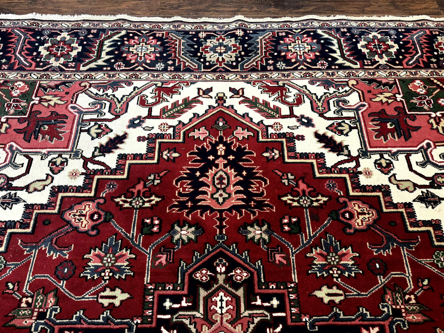 Indo Persian Heriz Rug 8x10, Geometric Medallion, Brick Red Ivory Navy Blue, Room Sized Heriz Carpet, Wool Rug - Nuvé
