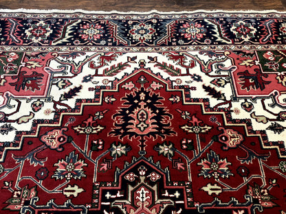 Indo Persian Heriz Rug 8x10, Geometric Medallion, Brick Red Ivory Navy Blue, Room Sized Heriz Carpet, Wool Rug - Nuvé