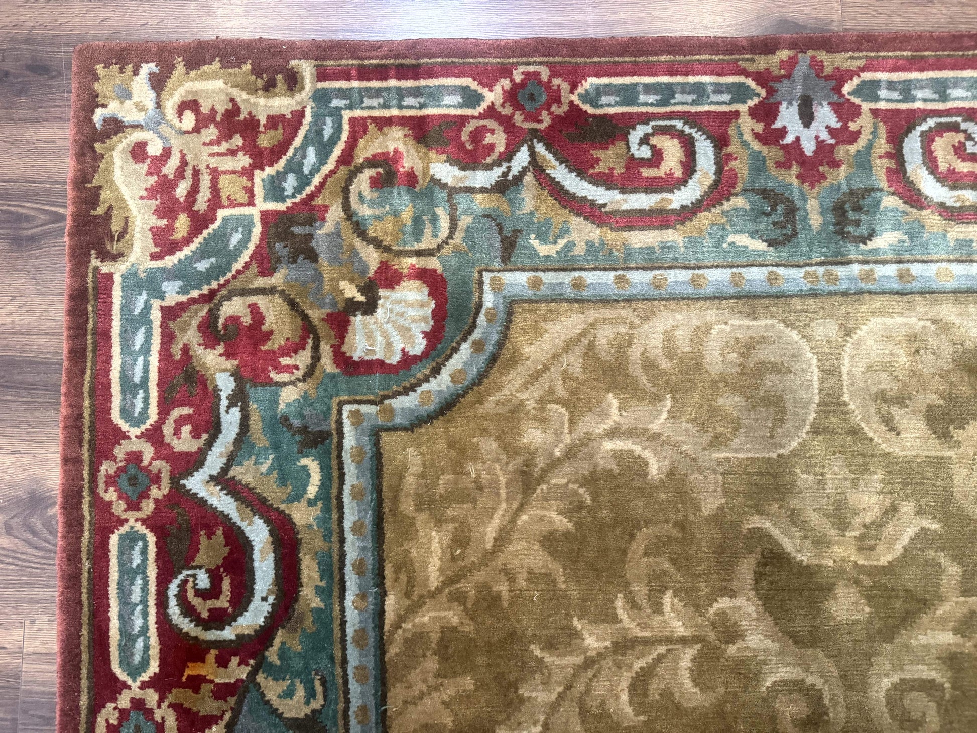 Tibetan Aubusson Rug 6x9, Gold-Beige, Soft Wool Pile, Handmade - Nuvé