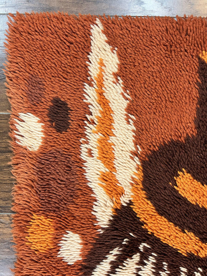 Rya Shag Rug 2x4, Rabbit in Top Hat, Wool, Orange, Vintage 1960s Danish Shag Rug - Nuvé