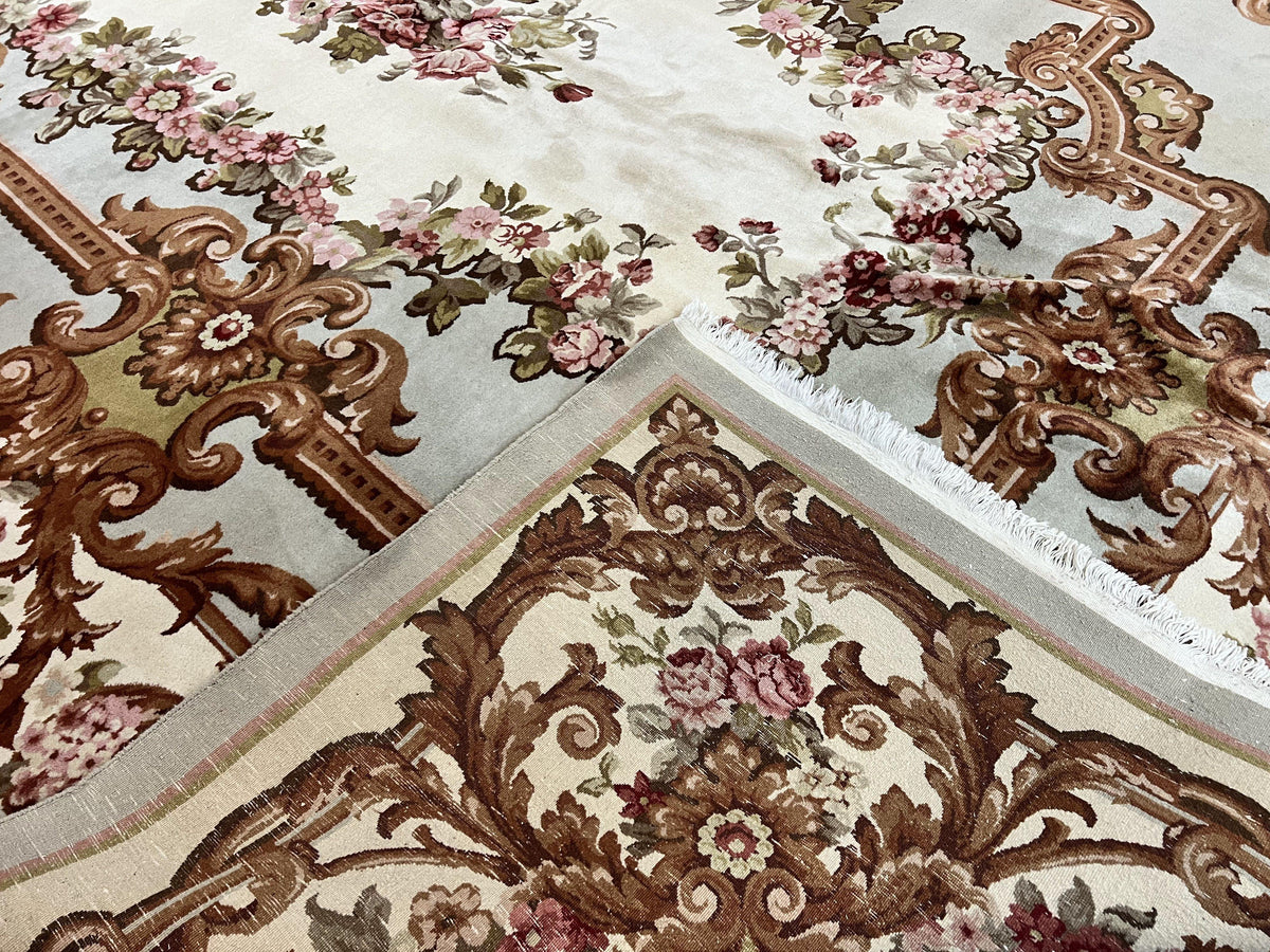 Aubusson Rug 10x13, Cream and Light Mint Green Hand Knotted Handmade French Savonnerie European Carpet, Wool Pile, Large Room Sized Vintage