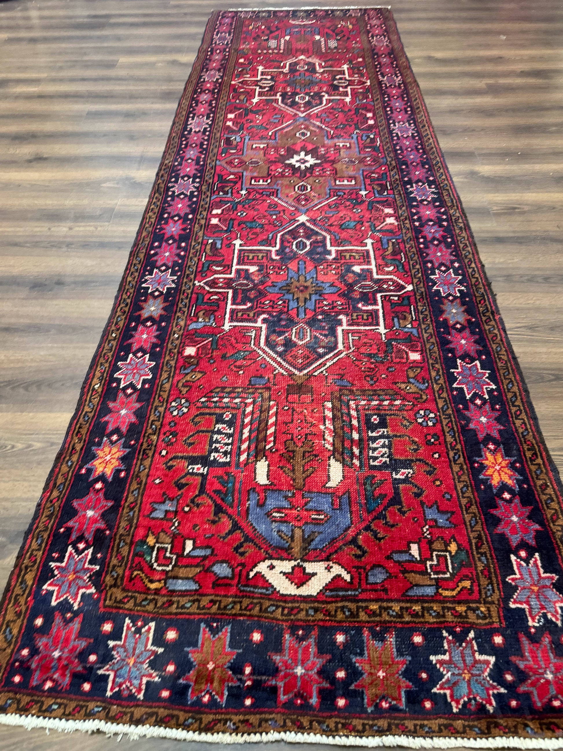 Persian Heriz Karajeh Runner Rug 3.7 x 12, Geometric Medallions, Red and Navy Blue - Nuvé