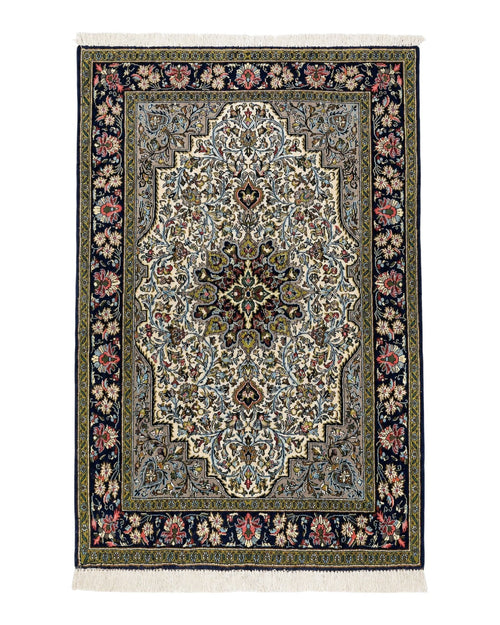 Persian Qum Rug 3x5, Wool with Silk Highlights, Handmade Semi Antique Carpet, Ivory & Navy Blue, Floral Medallion, Finely Hand Knotted