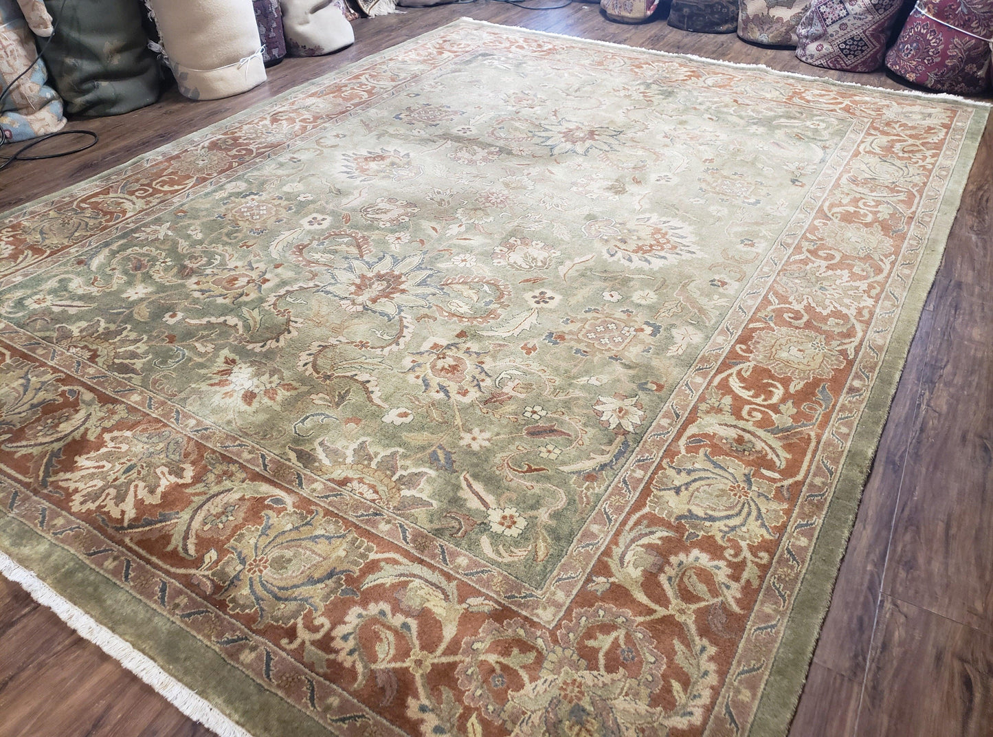 Vintage Indo Mahal Area Rug 9x12, Wool Hand-Knotted Laurel Green & Auburn Indian Carpet, 9 x 12 Floral Carpet, Living Room Rug - Nuvé
