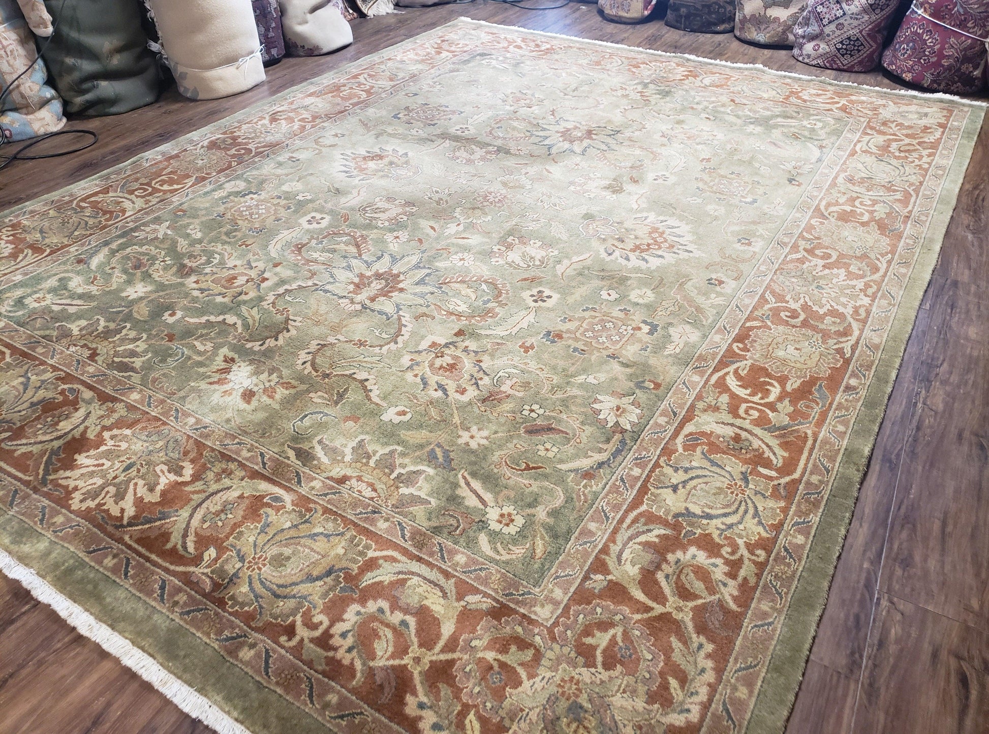 Vintage Indo Mahal Area Rug 9x12, Wool Hand-Knotted Laurel Green & Auburn Indian Carpet, 9 x 12 Floral Carpet, Living Room Rug - Nuvé
