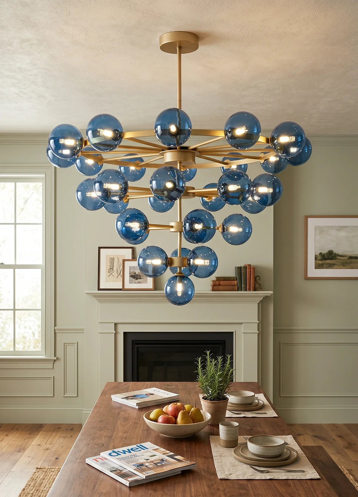 Blue Glass Bubble Globe Tiered Chandelier