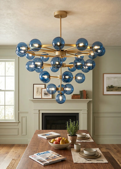 Blue Glass Bubble Globe Tiered Chandelier