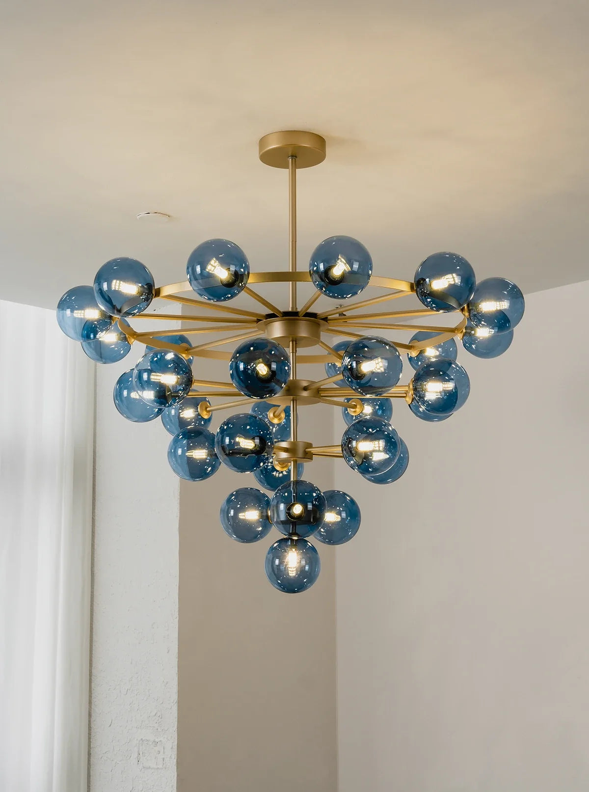 Blue Glass Bubble Globe Tiered Chandelier