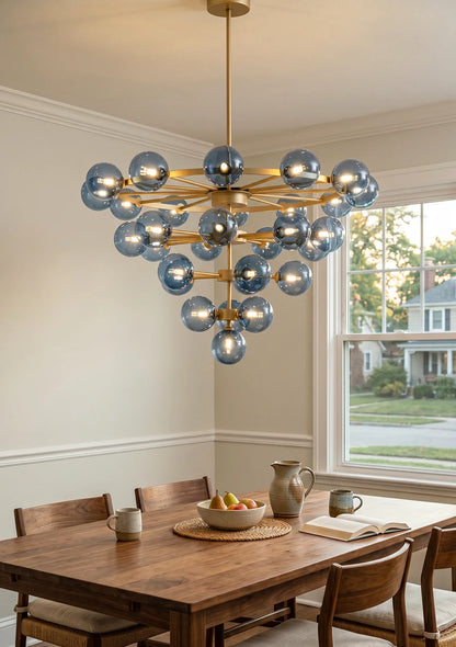 Blue Glass Bubble Globe Tiered Chandelier