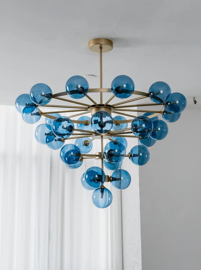 Blue Glass Bubble Globe Tiered Chandelier