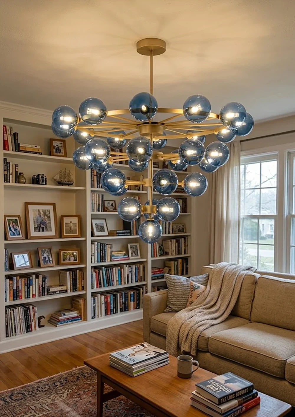 Blue Glass Bubble Globe Tiered Chandelier