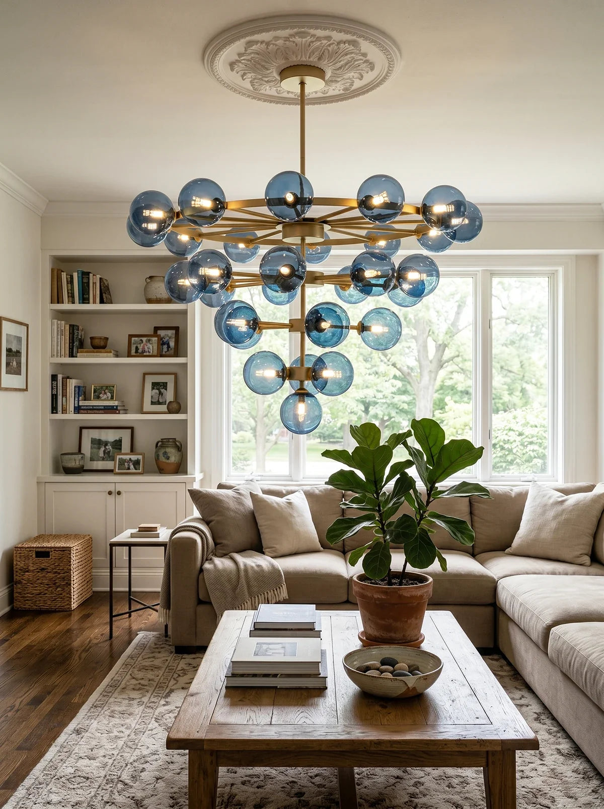 Blue Glass Bubble Globe Tiered Chandelier