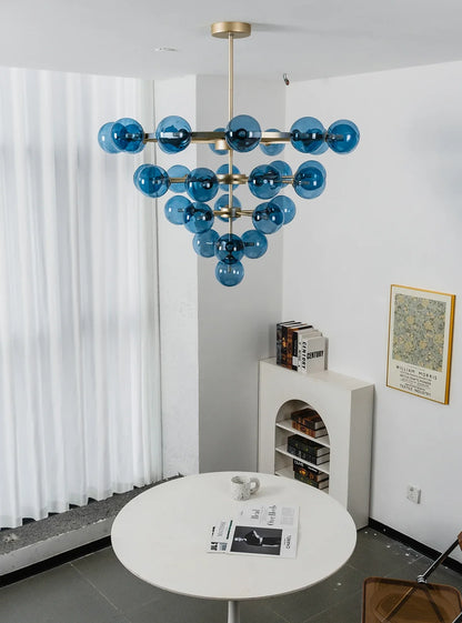 Blue Glass Bubble Globe Tiered Chandelier