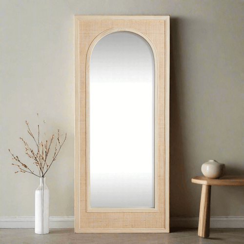 Boho Rattan Wall Mirror in Tall Arched Design - Nuvé