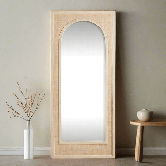 Boho Rattan Wall Mirror in Tall Arched Design - Nuvé