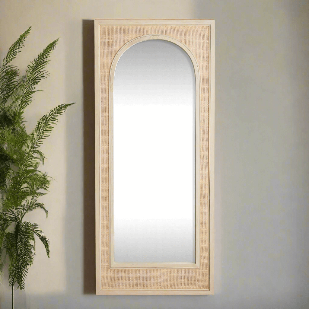 Boho Rattan Wall Mirror in Tall Arched Design - Nuvé