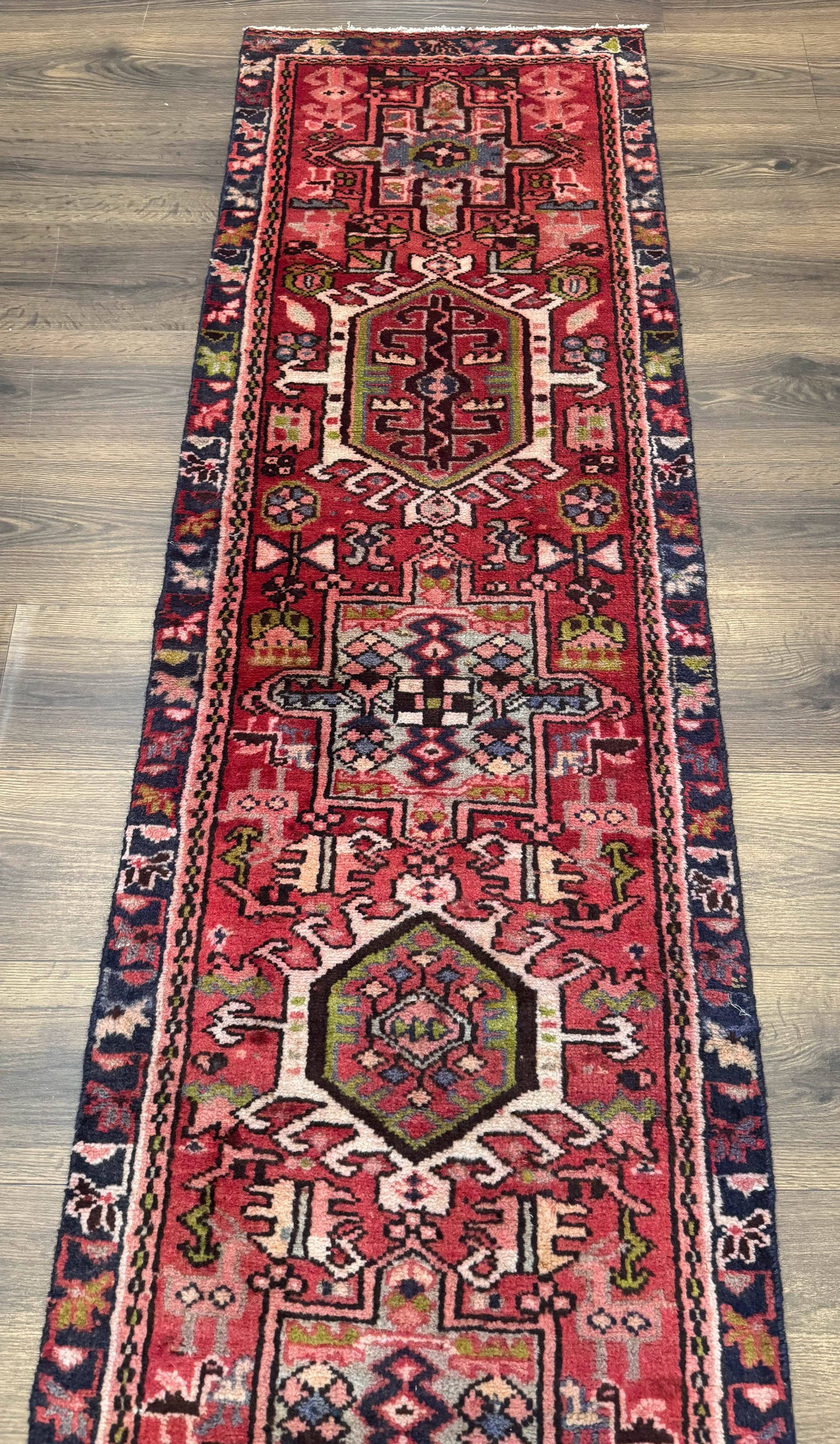 Persian Heriz Karajeh Runner Rug 2x9, Geometric Medallions, Red Navy Blue, 2 x 9 Rug for Hallway - Nuvé