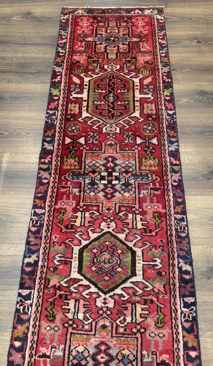 Persian Heriz Karajeh Runner Rug 2x9, Geometric Medallions, Red Navy Blue, 2 x 9 Rug for Hallway - Nuvé