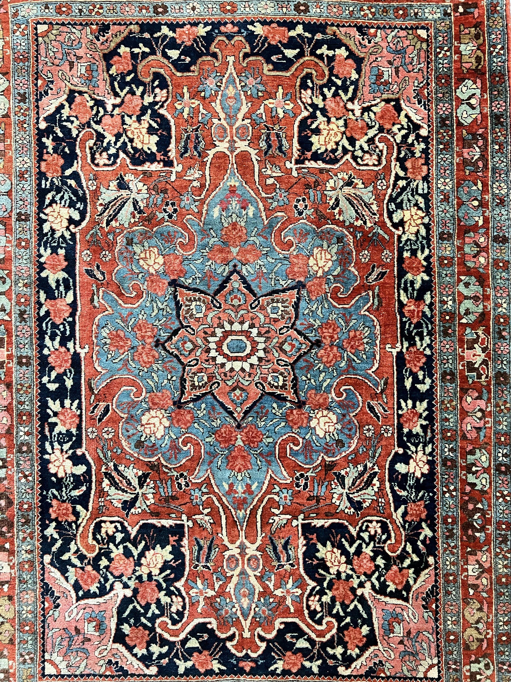 Antique Persian Bidjar Rug 4x5, Red and Blue, Hand Knotted Wool Carpet - Nuvé