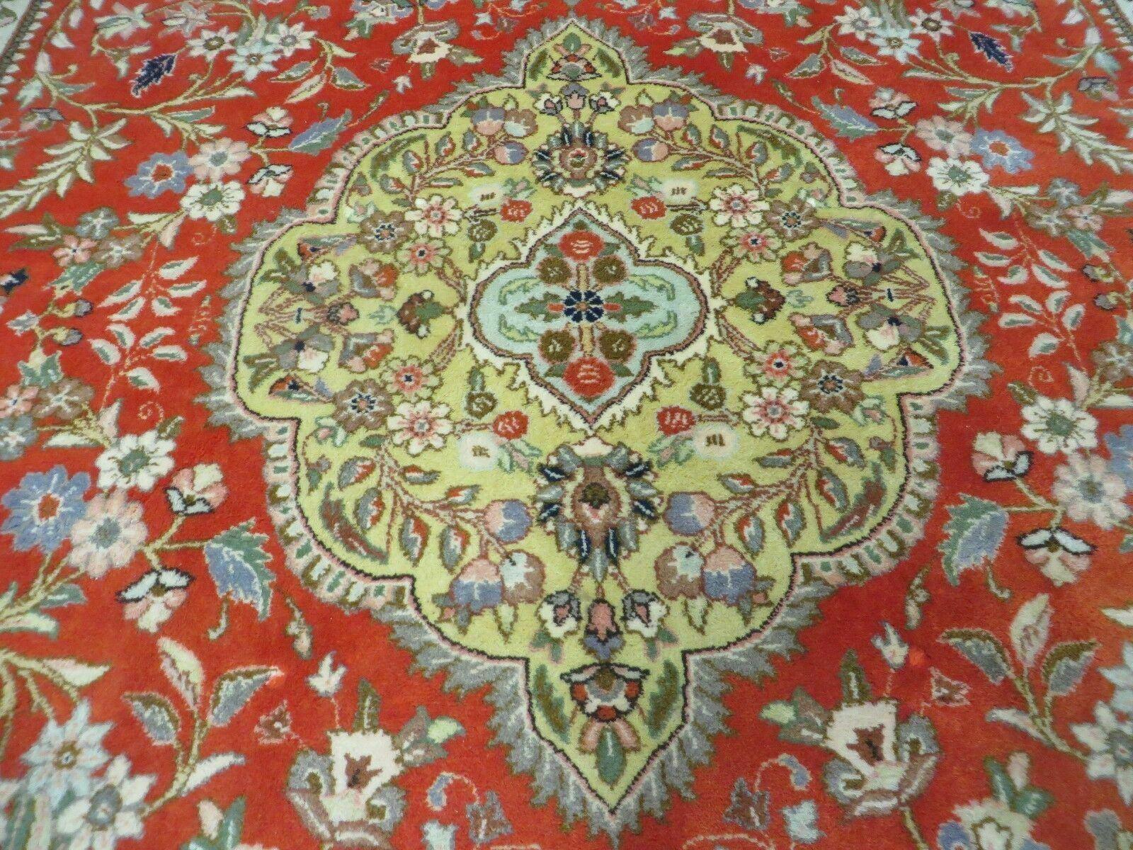 Vintage Persian Tabriz Rug 9x12, Tabatabaie Rug 9x12 Carpet, Handmade Hand Knotted Wool Area Rug, Tomato Red Beige, Medallion Rug, Floral - Nuvé