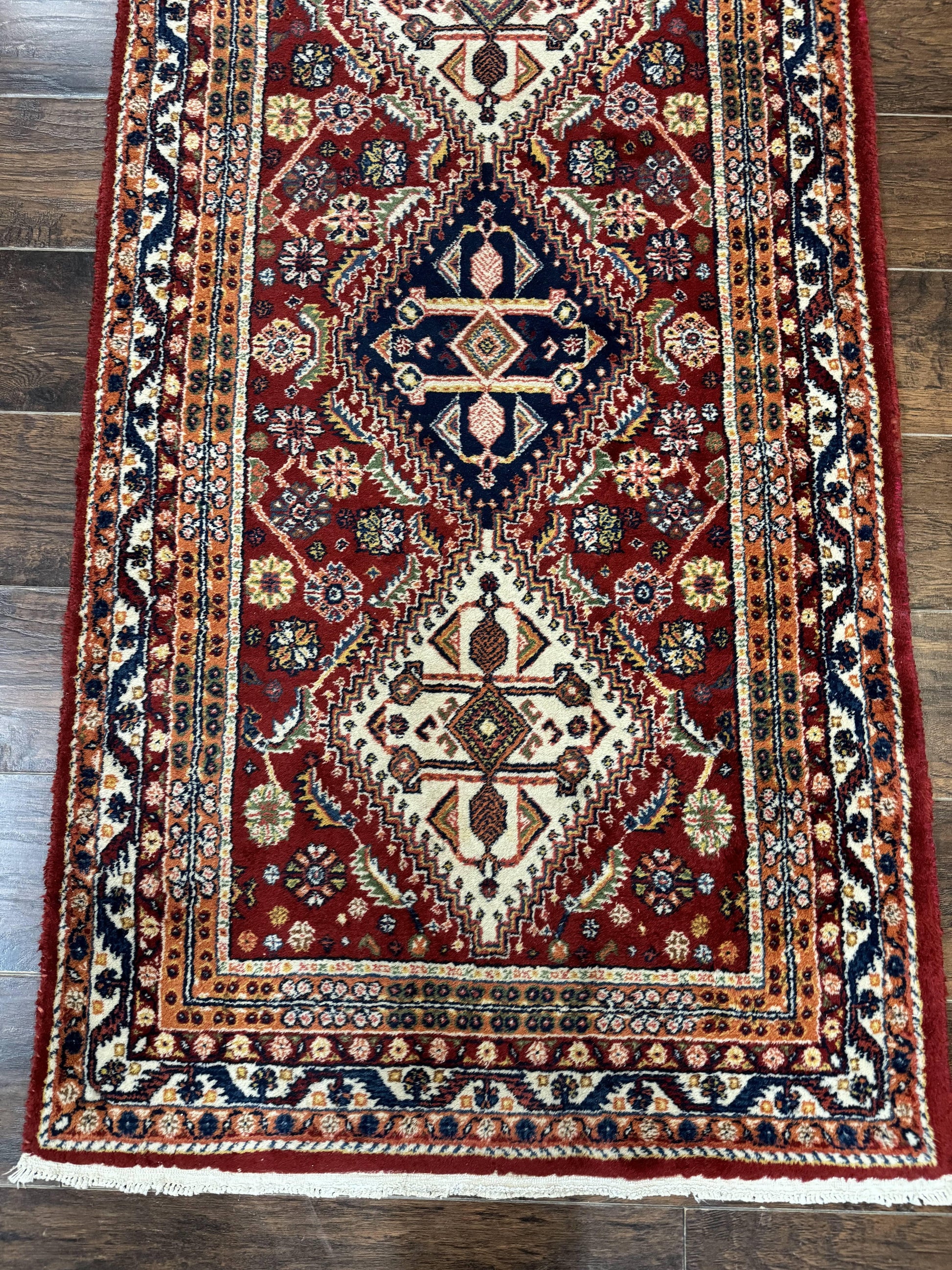 Antique Persian Qashqai Runner Rug 3 x 13 ft, Tribal Runner, Geometric Medallions, Red Ivory Blue, Wool - Nuvé